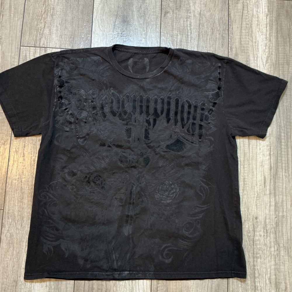 Vintage 90s Y2K Redemption Graphic Black T-Shirt Wings Roses Skull Grunge XL